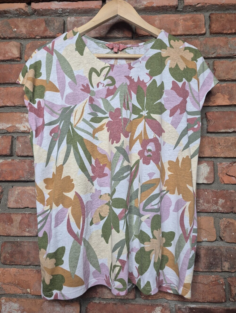 IYLA Linen Blend Floral Botanical Tee Top Large Cottagecore Boho Relaxed